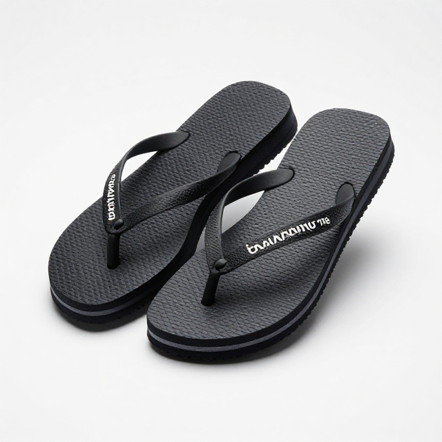 Fotografia de produto em estúdio com fundo branco infinito, um par de chinelos Havaianas Top Masculino na cor preta, ângulo de 45 graus, iluminação suave destacando a textura da sola e o brilho sutil do EVA. Sem texto na imagem, apenas visual.