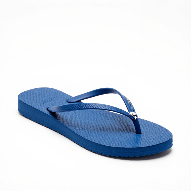 Fotografia de produto em estúdio com fundo branco infinito, uma sandália Havaianas Slim Feminina na cor azul oceano, foco nas tiras cruzadas e no detalhe da sola, iluminação que realça o tom vibrante da cor. Sem texto na imagem, apenas visual.