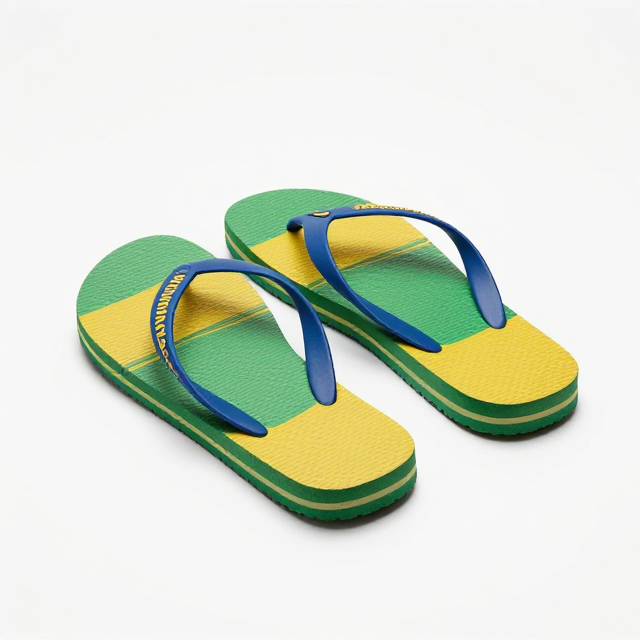 Fotografia de produto em estúdio com fundo branco infinito, um par de chinelos Havaianas Brasil Edition com as cores verde, amarelo e azul, destaque para o padrão vibrante e a qualidade do material. Sem texto na imagem, apenas visual.