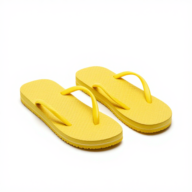 Fotografia de produto em estúdio com fundo branco infinito, um par de chinelos Havaianas Infantís na cor amarelo vibrante, ângulo frontal, destacando o tamanho menor e o design alegre. Sem texto na imagem, apenas visual.