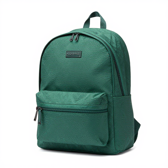 Fotografia de produto em estúdio com fundo branco infinito, uma mochila Havaianas na cor verde floresta, ângulo de 45 graus, mostrando as alças, o logo bordado e os detalhes de costura. Sem texto na imagem, apenas visual.