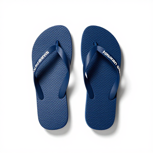 Fotografia de produto em estúdio com fundo branco infinito, um par de chinelos Havaianas Sport Masculino na cor azul marinho, destaque para o design esportivo e a textura da sola. Sem texto na imagem, apenas visual.