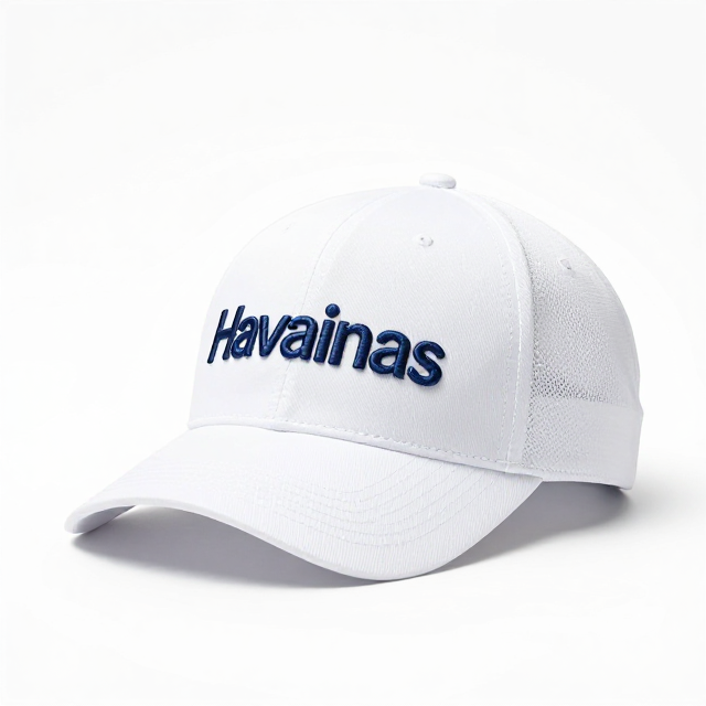 Fotografia de produto em estúdio com fundo branco infinito, um boné Havaianas na cor branca, ângulo lateral, mostrando o logo bordado e a aba curva. Sem texto na imagem, apenas visual.