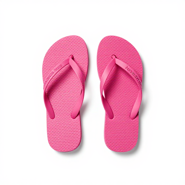 Fotografia de produto em estúdio com fundo branco infinito, um par de chinelos Havaianas Top Feminino na cor rosa choque, destaque para a cor vibrante e o design clássico. Sem texto na imagem, apenas visual.