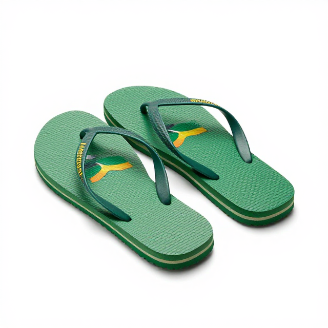 Fotografia de produto em estúdio com fundo branco infinito, um par de chinelos Havaianas Brasil Edition na cor verde floresta, destaque para o tom vibrante e o design patriótico. Sem texto na imagem, apenas visual.