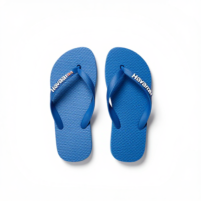 Fotografia de produto em estúdio com fundo branco infinito, um par de chinelos Havaianas Infantís na cor azul oceano, ângulo frontal, destacando o design alegre e a cor vibrante. Sem texto na imagem, apenas visual.